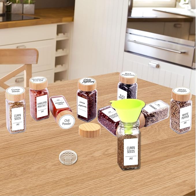 SWOMMOLY 24 Pcs Glass Spice Jars with Labels, Square Spice Jars with Bamboo Lids, 4 oz Empty Spice Bottles with Shaker Lids, Seasoning Spice Storage Containers Bottles