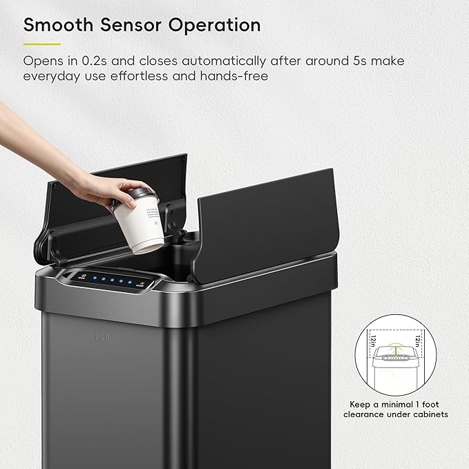 EKO Phantom-T 13.2 Gallon/ 50L Automatic Sensor Kitchen Trash Can, Slim Stainless Steel Touchless Garbage Bin with Soft-Close Dual Wing Lid for Home & Office, Matte Black