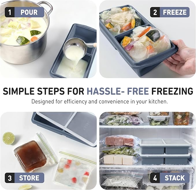 Silicone Freezer Tray with Lid Soup Freezer Container Molds with Steel Reinforced Rim Ice Cube Freezer Molds for Soup, Sauce, Leftovers, Homemade Meal Prep Containers Cooking Accessories