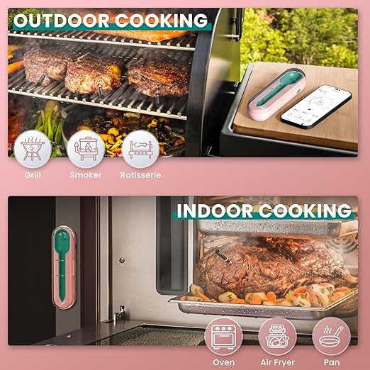 Wireless Meat Thermometer for Grilling and Smoking, CP10 500FT Meat Probe Thermometers, Smart Food Thermometer Probe for BBQ, Oven, Grill, Smoker, Sous Vide Gifts for Mom, Wife - Pink