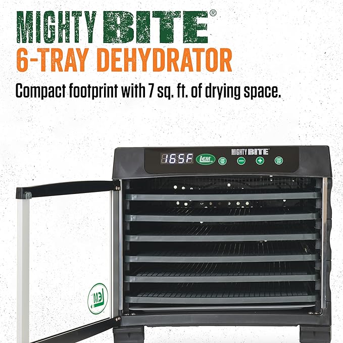 LEM Products MightyBite 6-Tray Dehydrator, Food Dehydrator for Beef Jerky, Meat, Vegetables, and Fruits, Includes Dryer Machine and 6 Trays, Black