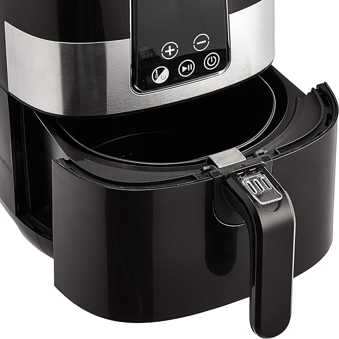 Amazon Basics 3.2 Quart 6-In-1 Digital Air Fryer with Non-Stick Basket, Timer, Auto Shut-Off, Touch Screen, 1400W, 180-400°F Temperature Range, Black/Silver