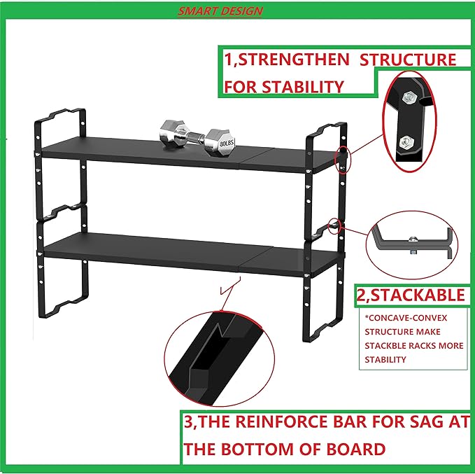 Expandable Shelf for Cabinet Organizer Adjustable Stackable Spice Rack at Kitchen and Bathroom More, Counter Countertop Cupboard Organization Pantry Storage(LARGE/2PACKS/BLACK)