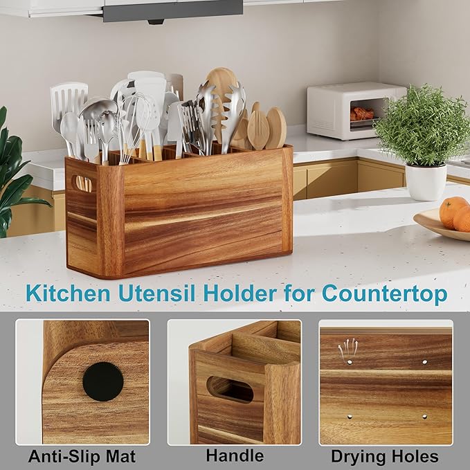 Utensil Holder for Kitchen Counter, Extra Large Utensil Holder for Countertop with 4 Compartments Wooden Cooking Utensil Organizer for Spatula Kitchen Storage, Acacia Wood