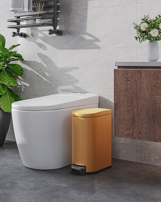GarveeHome 2.6 Gallon Bathroom Trash Can, Space-Saving Slim Stainless Steel Step-On Garbage Bin with Soft Close Lid, Removable Inner Bucket for Bathroom & Bedroom,Yellow
