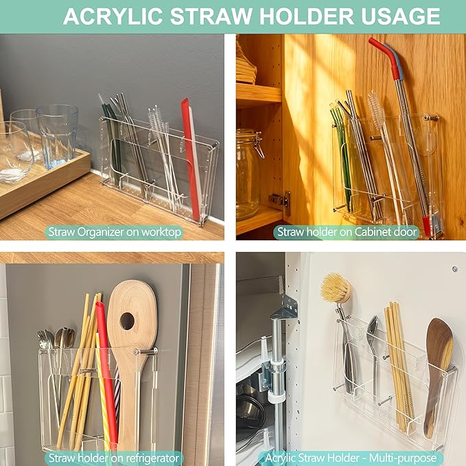 Acrylic Straw Holder for Cabinet Door & Wall – Kitchen Organizer Dispenser for Reusable Straws, Cupboard Storage Container for Drinking Straws & Small Accessories