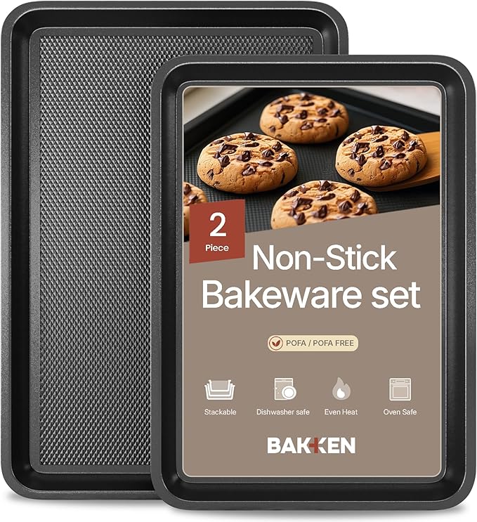 Diamond Bottom Cookie Sheet Set of 2, Nonstick Gray Carbon Steel Baking Pans for Crisp Baking, Space-Saving Stackable Trays, PFOA, PFOS, PTFE Free, Oven Safe Up to 450°F, Small & Medium Pans
