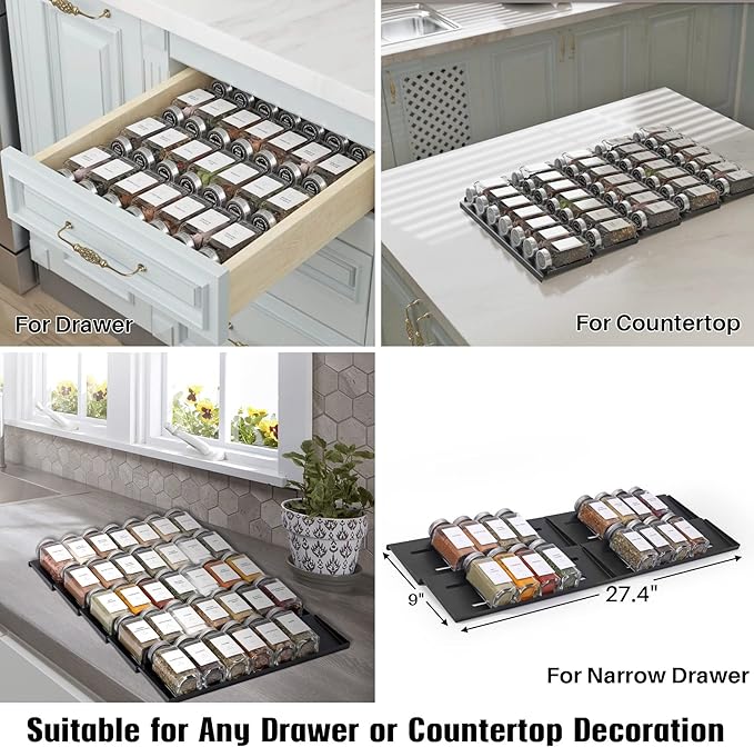 MIUKAA Spice Drawer Organizer with 34 Spice Jars, 378 Spice Labels, 5 Tier - 5 Pack Metal Spice Rack Tray for Drawer/Countertop, 13.7" Wide x 22.6" Deep (Black)