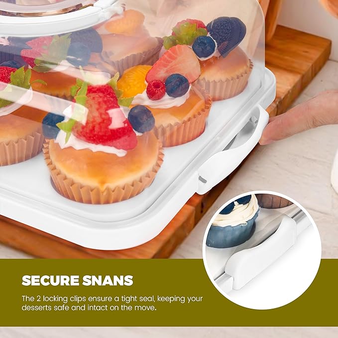 NPLUX Cupcake Containers with Lid Rectangular Cake Carrier 3-in-1 Multipurpose Cupcake Holder for Muffins Pies Sweets Pastries Fruit or Snacks (White, 13" x 9" x 4")