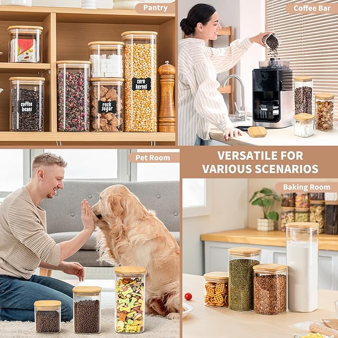 SENTVEND 24 Oz/ 37 Oz/ 51 Oz Glass Storage Jars with Bamboo Lids - 6 Pack Clear Glass Canisters Square Airtight Stackable Ideal for Pantry Storage Containers Great for Cereal Coffee Beans Snacks etc