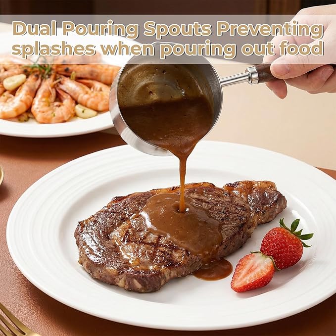 Mini Butter Warmer Stainless Steel Mini Pot 8.5 oz (250 ml) Minis Sauce Pan Cooking Pot Coffee Milk Warmer with Dual Spouts and Wooden Handle for Chocolate Butter Melting