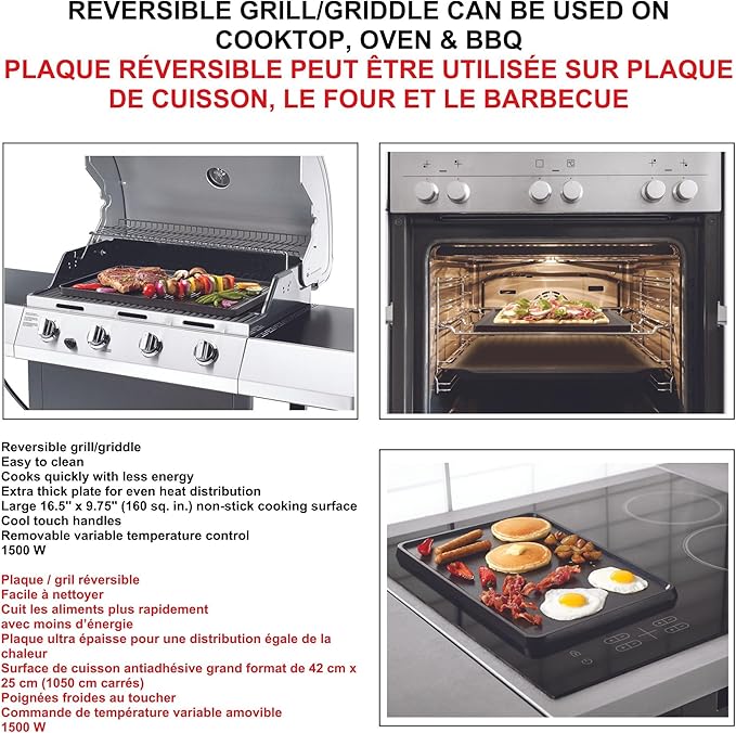 Starfrit The Rock Electric Reversible Grill & Griddle - Rock.Tec Non-Stick - Variable Temperature Control – Cool-Touch Handles - 1500W - Black