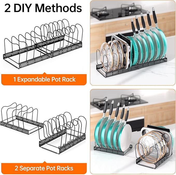 MUDEELA Expandable Pots and Pans Organizer Rack under Cabinet, Pots Lid Organizer Rack for Kitchen Cabinet Organizers and Storage with 12 Adjustable Dividers Cutting Board Holder & Anti-Scratch Strips