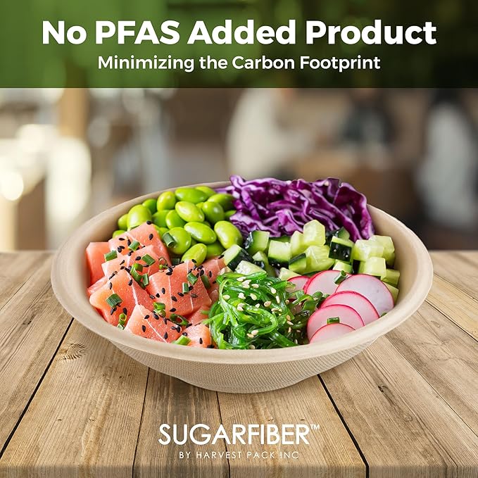 [1000 Count]Sugarfiber by Harvest 22oz Round Bowls PFAS Free with PLA coating - Compostable Heavy-Duty Eco-Friendly Disposable Bagasse Bowl Sugarcane made plant fibers for Meal Prep