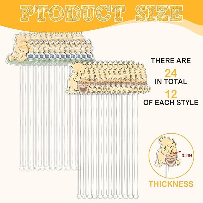 Winne Bear Theme Stirring Sticks for Cocktail, Coffee, Cake Pops, Stirrers Sticks Acrylic for Bar, Party Halloween Disposible Drinks Stick for Christmas Party(24 Pcs)