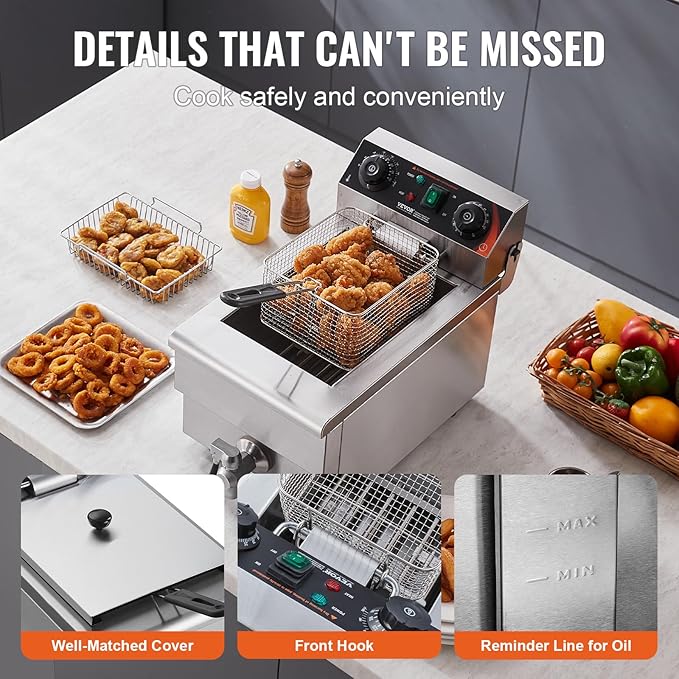 VEVOR Commercial Deep Fryer, 1500W Electric Countertop Fryer with Basket, 11.6Qt / 11L Stainless Steel Single Oil Fryer with Time & Temp Control, Overheat Protection, for Kitchen Restaurant Use