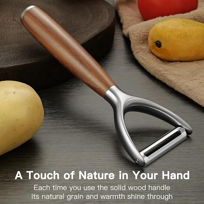 JUSEEPO Premium Vegetable Peeler, Y Type Swivel 304 Stainless Steel Blade Comfortable Solid Wood Handle, Practical gift for the home kitchen mom grandma for Veggie, Fruit, Potato(Merbau)