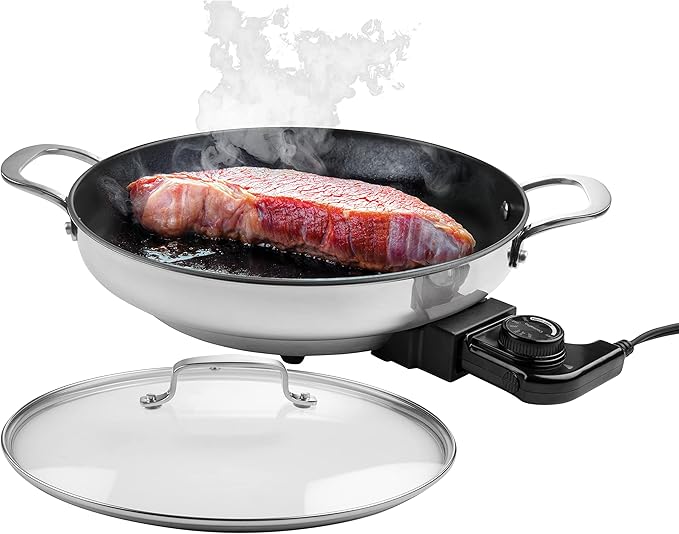 Electric Skillet By CucinaPro- 18/10 Stainless Steel, Frying Pan w Non Stick Interior, Tempered Glass Lid w Handles, 12" Round, Temperature Control Probe for Adjustable Heat Settings, Portable, Gift