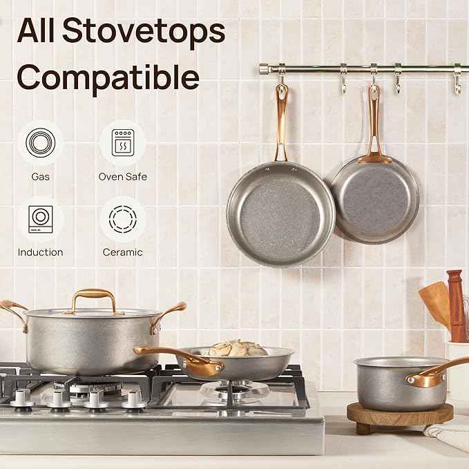 KOKHUB Pots and Pans Set 8 Pcs, Vintage Stainless Steel Cookware Set Non-Toxic, PFOA/PFOS/PTFE Free, Kitchen Cooking Set with Frying Pans, Saucepans, Oven & Dishwasher Safe, Induction Compatible