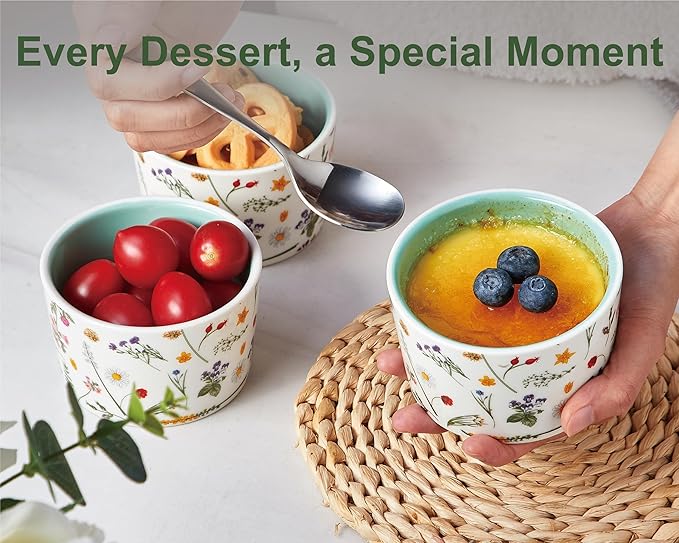 ONEMORE 6 oz Ramekins Oven Safe, Floral Ceramic Ramekin Set of 6 Mint Green Ramekins for Baking & Serving, Creme Brulee Dishes, Custard Pudding Souffle Cups, Small Dessert Bowls for Oven, Air Fryer