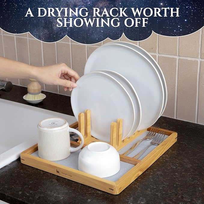 Bamboo & Teak Dish Drying Rack with Fast-Absorbing Stone Base — Made for Small Kitchens & Apartments, Collapsible Dish Holders, 12" x 13.9", No-Drip, No-Puddles – Midnight Lodge