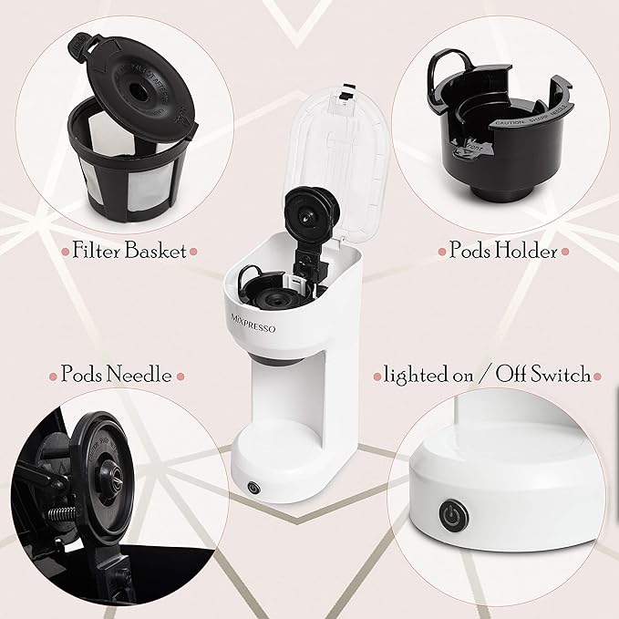 Mixpresso 2-in-1 Single Serve Coffee Maker - K-Cup & Ground Coffee Compatible - Fast 2-3 Min Brewing - Compact 14oz White Coffee Machine for Home Office