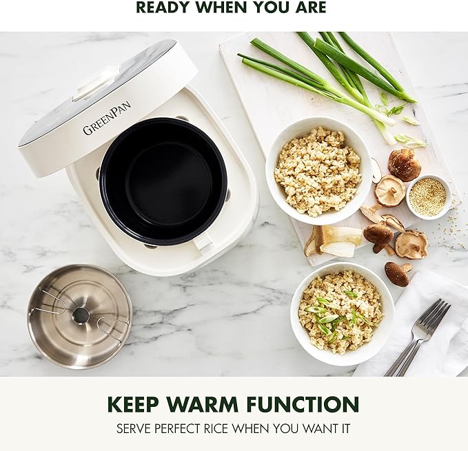GreenPan Carb Reducing Electric Rice Cooker, 4 Cups Uncooked/8 Cooked Rice, 10 Presets, LED Display, Healthier Meals, Delay Timer, PFAS-Free Ceramic Nonstick Removable Bowl, Cool Touch, Steam, Cream