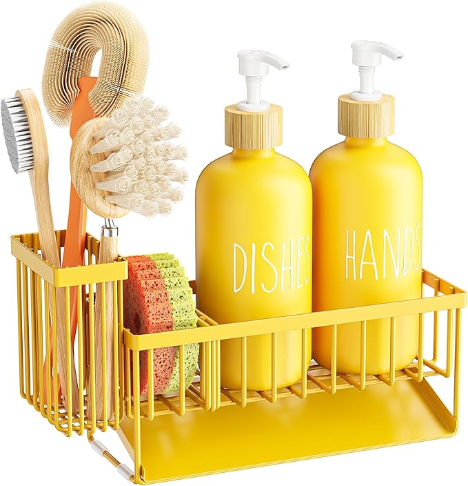 Cisily Yellow Dish Soap Dispenser Set, 16 fl Oz Dual Kitchen Soap Dispensers with Sponge Holder, Customized Stainless Steel Kitchen Soap Dispenser Set, Lemon Kitchen Decor and Accessories