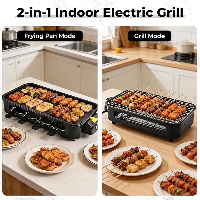 Pukomc Electric Indoor Grill,2 in 1 Indoor Grills for Kitchen with Grill Net & Non-Stick Cooking Removable Plate, Temperature Control, Dishwasher Safe, 1800W Large Smokeless Griddle Black