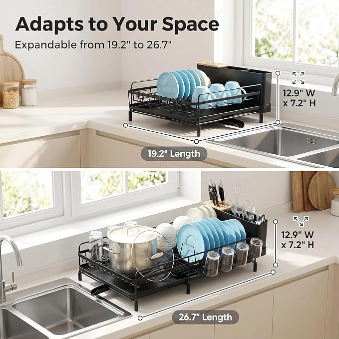 Large Extendable Dish Drying Rack with Bamboo Knife Holder, Rustproof Dish Drainer for Kitchen Counter, Adjustable 19"-27", Black