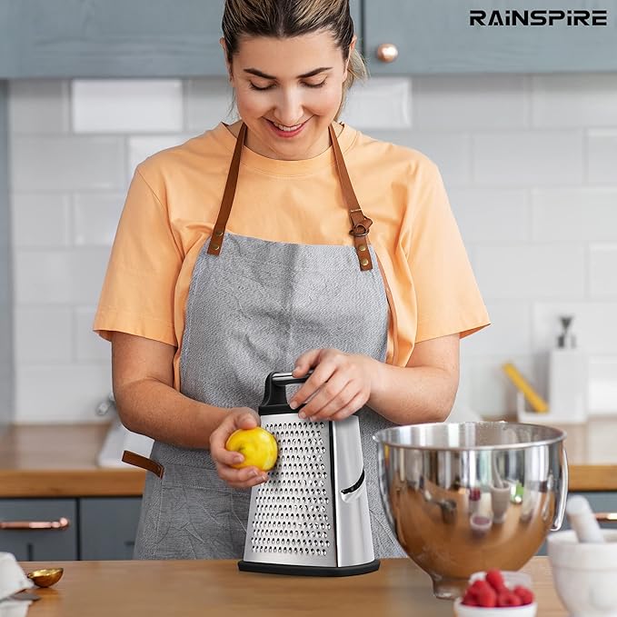 Rainspire Professional Box Grater, Cheese Grater Box for Kitchen Stainless Steel with 4 Sides, Cheese and Spice Graters with Handle for Vegetables, Ginger, Potatoes, Black