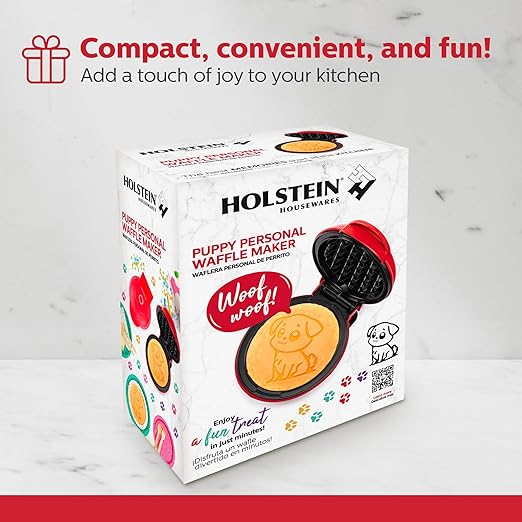 Holstein Housewares Puppy Personal Waffle Maker – Dog-Shaped, 4-Inch Non-Stick Red Mini Waffle Iron for Fun Breakfasts, Kids & Pet Lovers