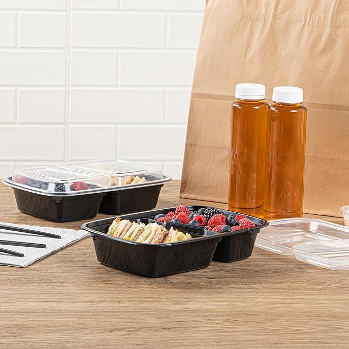 Restaurantware Asporto 32 Ounce Compartment Take Out Boxes 100 Microwavable Meal Prep Containers - 2 Compartments With Clear Plastic Lids Black Plastic Food Containers Do Not Contain BPA