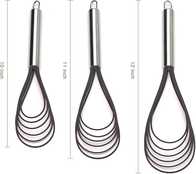 Flat Whisks Stainless Steel,3 Pack 10''+11''+12'' Set Premium Sturdy-6 Silicone Heads Non Stick Wires Whisk for Blending Beating Stirring Kitchen Cooking Color Grey by Jell-Cell