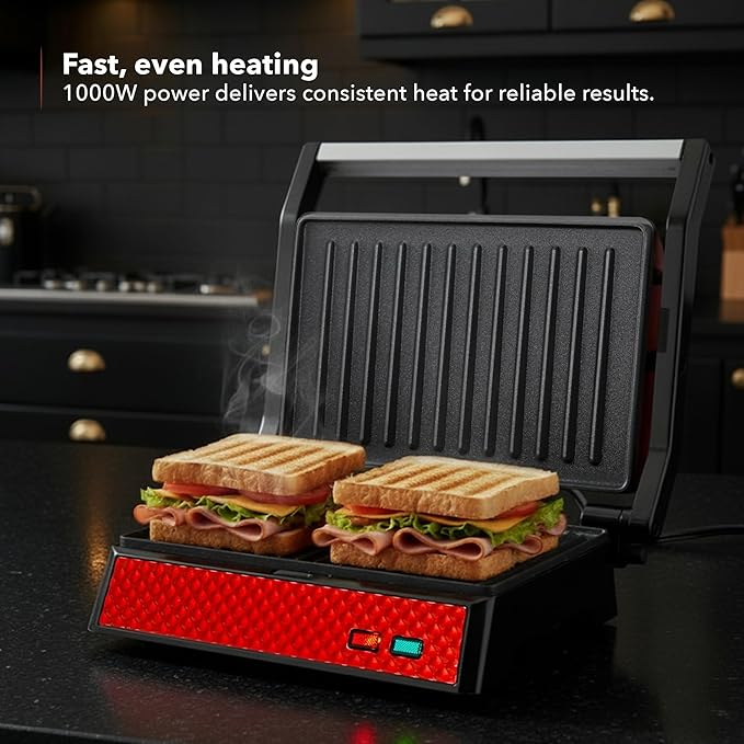 OVENTE Electric Indoor Panini Press Grill and Sandwich Maker with Non-Stick Coated Plates, Cool-Touch Handle and Removable Drip Tray, Opens 180 Degrees to Fit Any Type or Size of Food, Red GP0620R