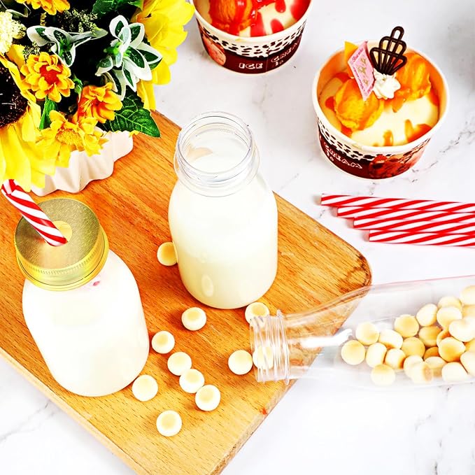 Yinkin 20 Sets Plastic Milk Bottles with Straws Lids Clear Plastic Containers for Dairy Milk Party Bottle for Juices Shakes Smoothies (8 oz,Gold Lid)