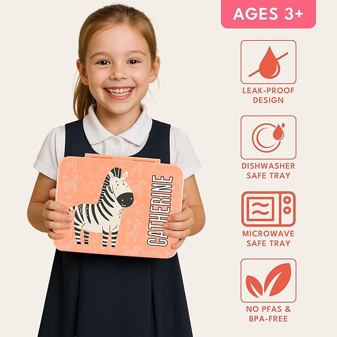 Personalized Bento Box for Kids with Safari Icon and Name - Salmon - 5 Compartments Drop-Proof Bento Box, Dishwasher Safe, Made with BPA-Free Materials, Bento Lunch Box for Kids and Toddlers