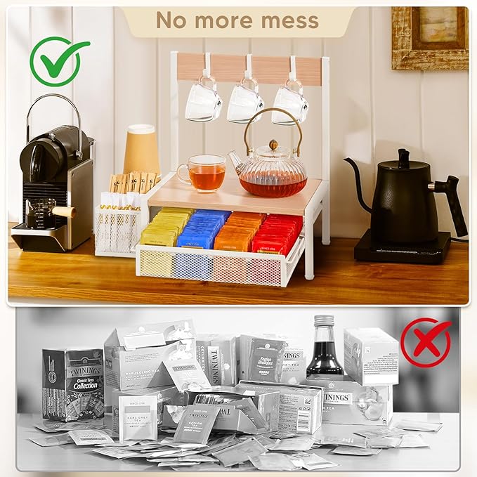 DGWJSU Tea Bag Organizer, Wood Tea Organizer and Storage Cheast, Tea Bag Holder with Storage Drawer, 4 Hooks for Tea Cups Holder, Tea Station Chest Display Container Box for Countertop Kitchen (White)