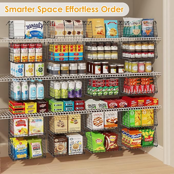 Jsskeeim 3-Pack Under Shelf Hanging Baskets - Space Saving Pantry Shelf Organizer with 360° Rotating Hooks for Kitchen Storage, Foldable Small Space Solutions for Pantry Utility Closet Garage, Black