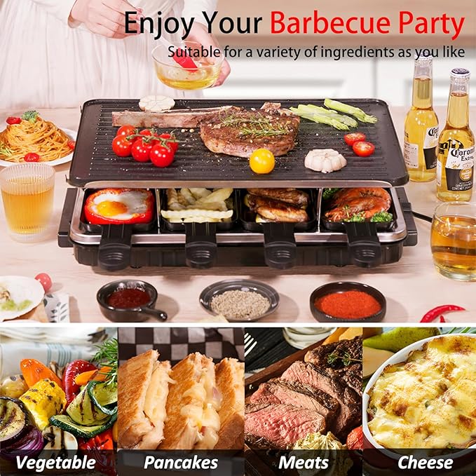 VNIMTI Raclette Table Grill, Electric Indoor Korean Barbecue Grill, Portable BBQ Tabletop Griddle, 2 in 1 Reversible Non-stick Plate, 1300W Fast Heating Crepe Maker with 8 Square Raclette Cheese Pans