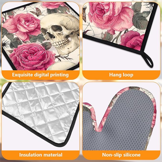 Skull Rose Oven Mitts and Pot Holders Sets 4Pcs Silicone Non-Slip Mitts Heat Resistant Gloves Hot Pads for Kitchen Cooking Baking Grilling BBQ