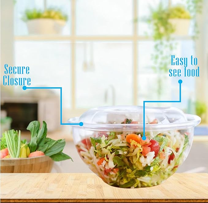 Mr Miracle Clear 24 Ounce Plastic Salad Bowls with Snap-On Lids. 50 Pack. Airtight Disposable Salad Containers for Lunch, Meal Prep, Parties. Ideal as Disposable Salad Bowls with Lids