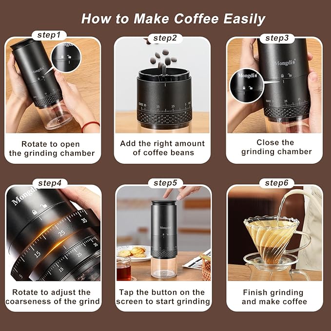 Mongdio Portable Electric Burr Coffee Grinder with 38 Adjustable Settings, Conical Burr Coffee Grinder with LED Display, USB Charging, Ceramic Core, for Home, Space Black