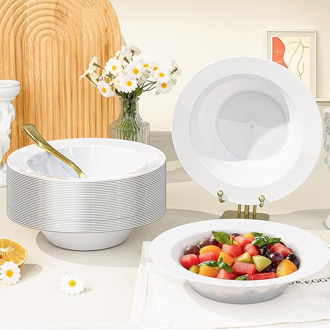 BESTVIP 100 Pack White Plastic Bowls, 12 oz Disposable Soup Bowls, Heavy-duty Dessert Salad Bowl for Christmas, Thanksgiving, Party, Wedding, Dinner, Catering