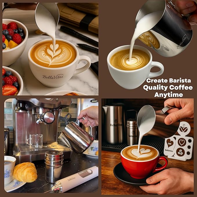 Milk Frothing Pitcher Set 12oz/350ml, 304 Stainless Steel Milk Frother Cup with Cocoa Shaker, Latte Art Pen, Stencils, Espresso Machine Accessories & Coffee Barista Tools Latte Pitcher Gift