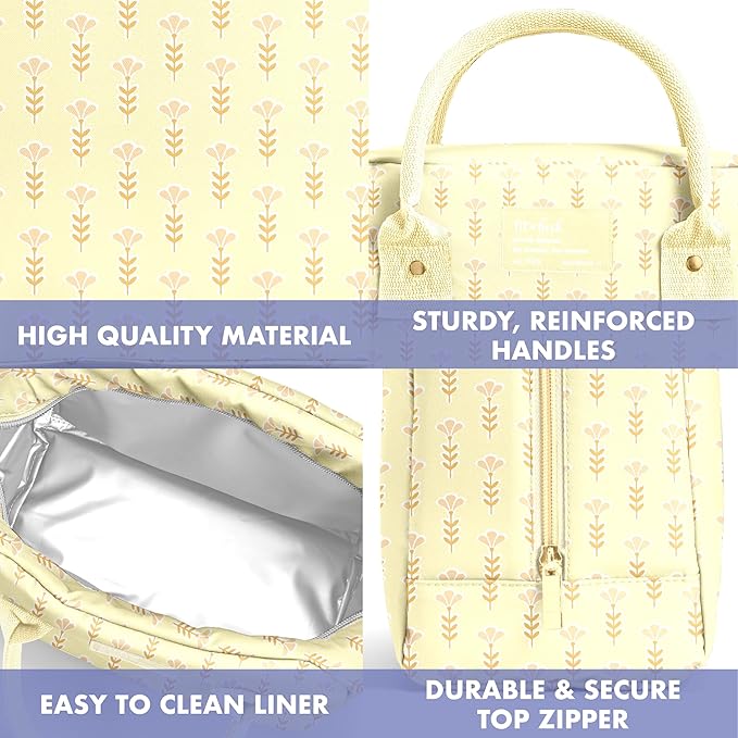 Fit & Fresh Bloomington Lunch Bag for Women - Insulated Large Lunch Box for Work with Containers, Leak-Resistant, Stain-Resistant, Zipper Closure, Butter Yellow Tiny Flowers