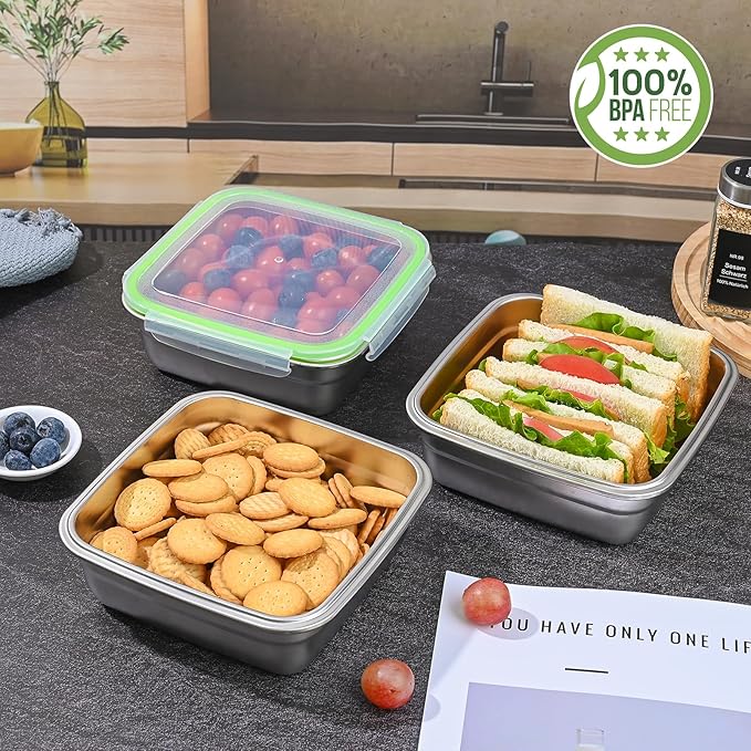4 Pack Sandwich Containers, 40oz Stainless Steel Sandwich Box with Airtight Lids, Reusable Metal Meal Prep Lunch Boxes, BPA-Free, Dishwasher Safe, Large Capacity Food Storage Containers (Green)
