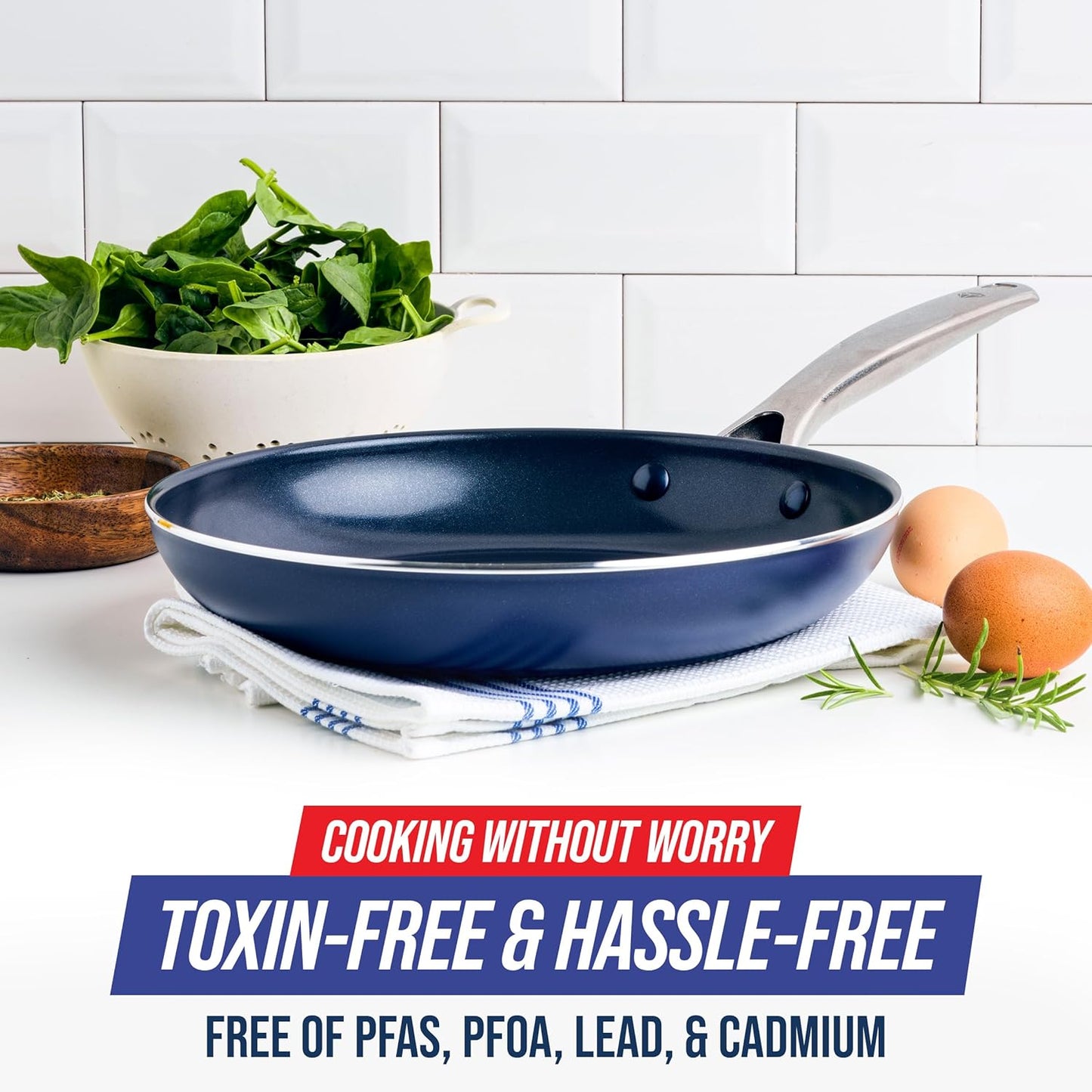 Blue Diamond 10" Nonstick Frying Pan Skillet, Diamond Infused PFAS & PTFE-Free Ceramic Pot, Dishwasher & Oven Safe, Stay Cool Handle, Durable Non Toxic Metal Utensil Safe, Egg & Omelet Pan, Blue