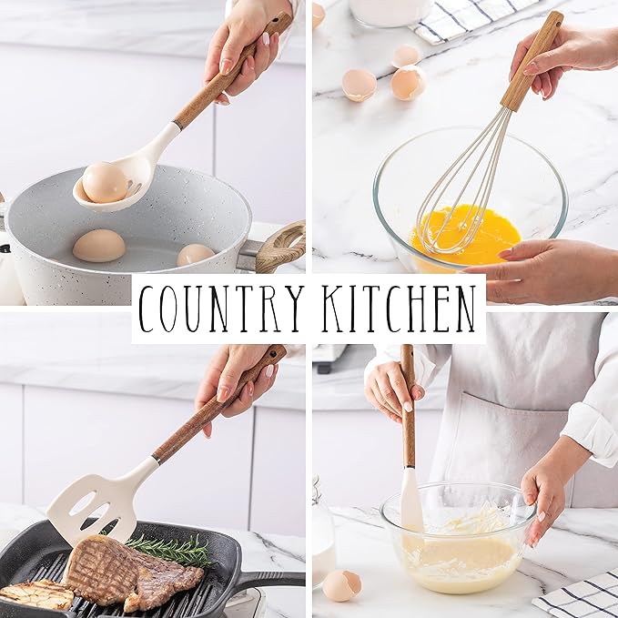 Country Kitchen Non Stick Silicone Utensil Set with Rounded Wood Handles for Cooking and Baking, 8 Piece Set, Khaki