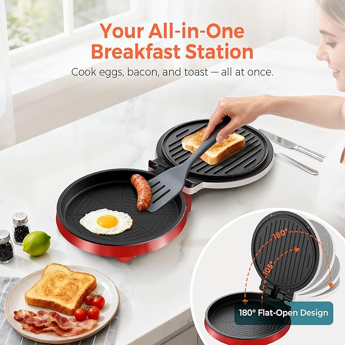 3-in-1 Electric Griddle & Panini Press - CACHOO 8" Nonstick Round Griddle and Sandwich Press with On/Off Switch, 180° Open Design, Perfect for Pancakes, Omelettes, Quesadillas, Veggies (Red/Beige)